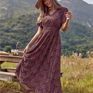 SHEIN Burgundy Floral V-Neck Smocked Maxi Dress